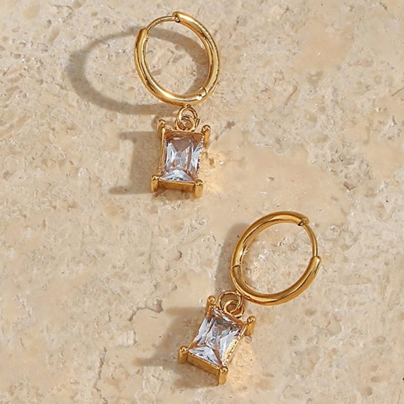 Clear Rectangle Zirconia Gemstone Hoop Earrings 18K‎ Gold Plated Stainless Steel - Picture 1 of 9